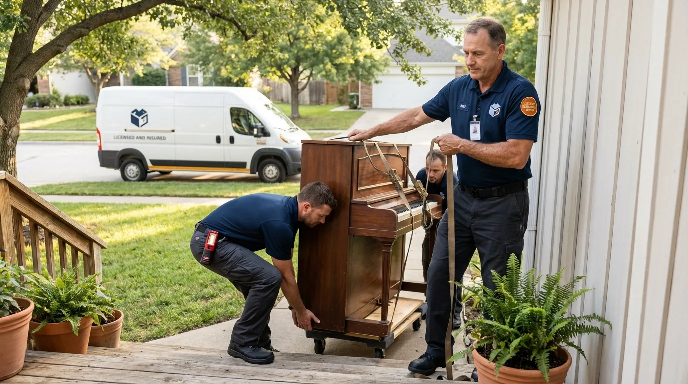 Licensed piano movers securing grand piano in Wamego, KS