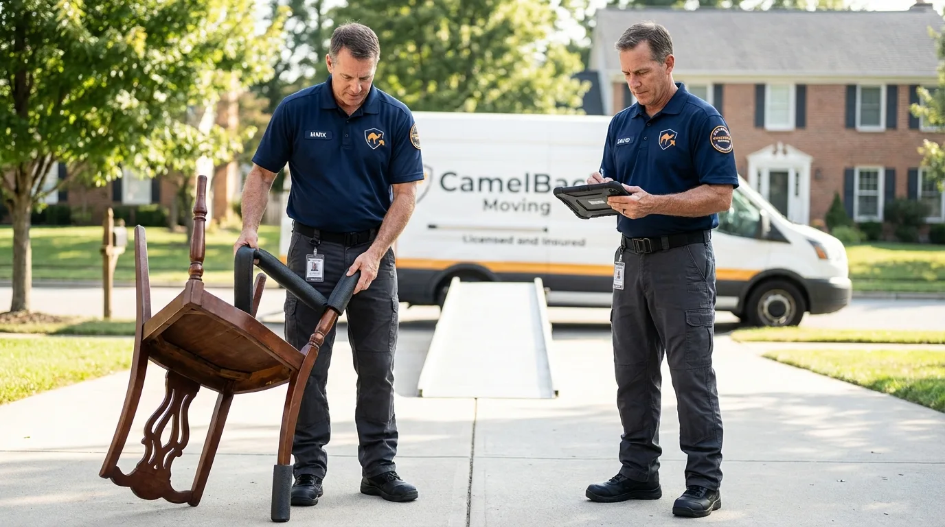 Movers inspecting furniture for damage prevention before loading in Wamego, KS