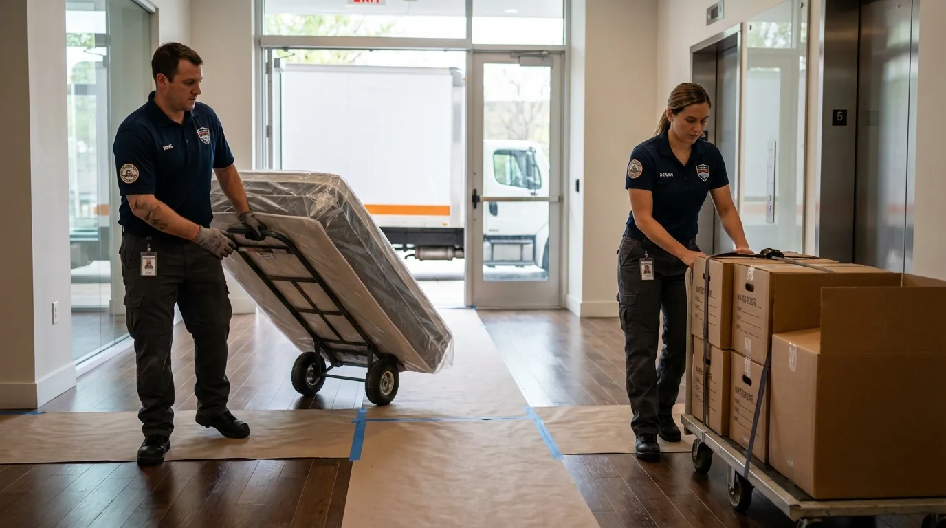 Professional apartment movers loading elevator in Wamego, KS